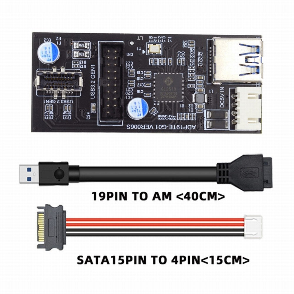 Single 19/20Pin Header to USB 3.0 20Pin & Type-E Dual Ports Female PCBA Type Adapter Splitter HUB 5Gbps U3-084-EF