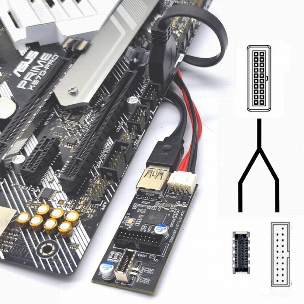 Single 19/20Pin Header to USB 3.0 20Pin & Type-E Dual Ports Female PCBA Type Adapter Splitter HUB 5Gbps U3-084-EF