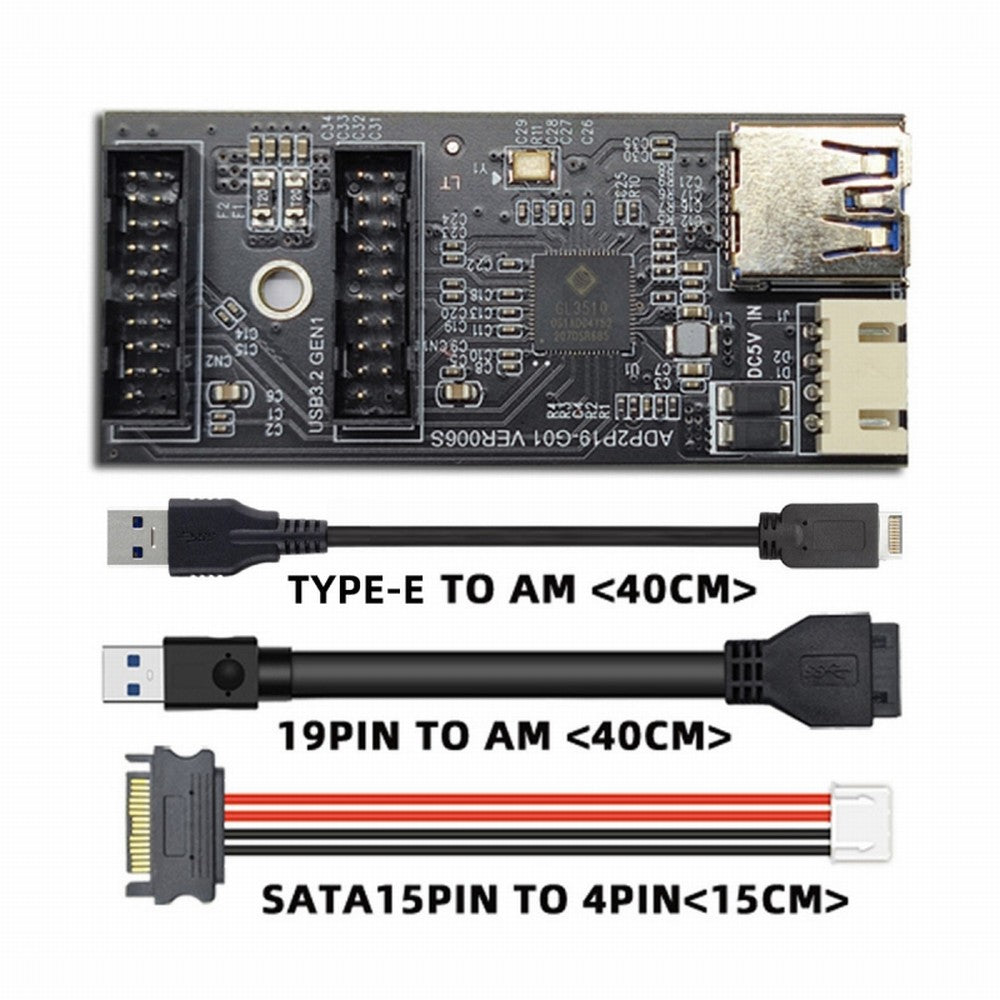Type-E or 19/20Pin Header to USB 3.0 19/20Pin Dual Ports Female PCBA Type Adapter Splitter HUB 5Gbps U3-084-AF+UC-117
