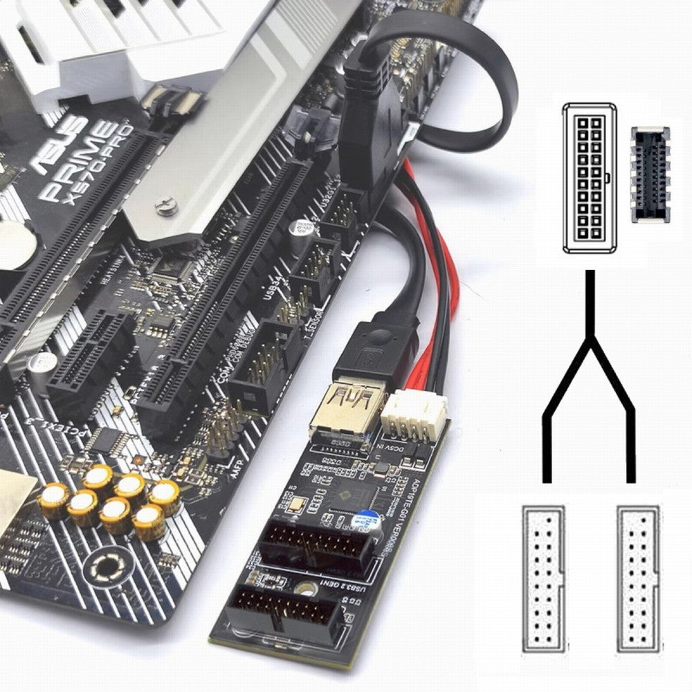 Type-E or 19/20Pin Header to USB 3.0 19/20Pin Dual Ports Female PCBA Type Adapter Splitter HUB 5Gbps U3-084-AF+UC-117