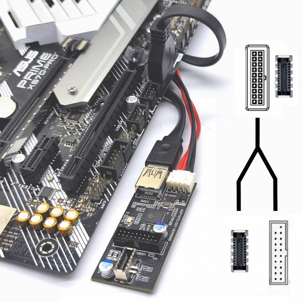 Type-E or 19/20Pin Header to USB 3.0 20Pin & Type-E Dual Ports Female PCBA Type Adapter Splitter HUB 5Gbps U3-084-EF+UC-117