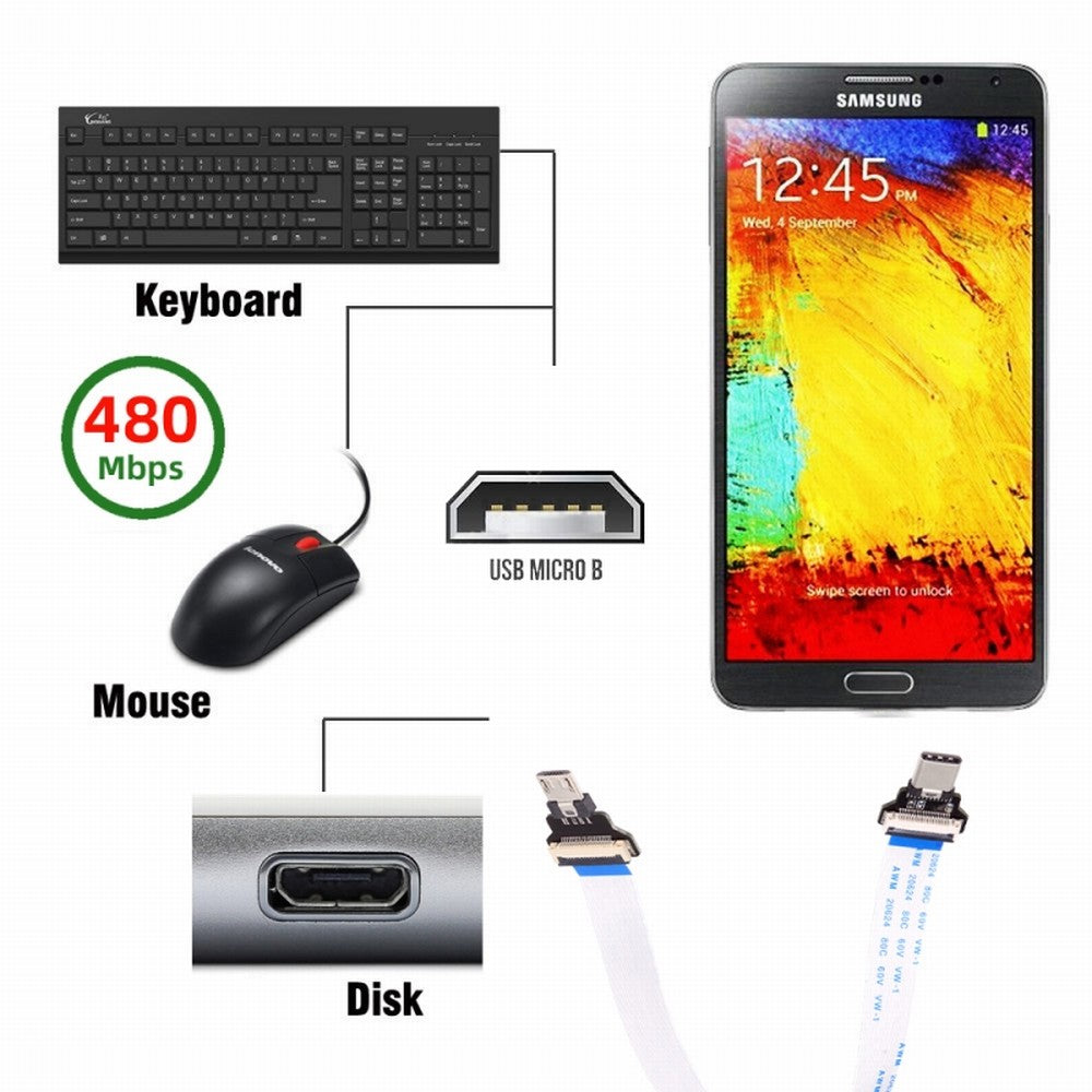 OTG USB-C Type-C Male Host to 5Pin Micro USB 2.0 Male Target Data Flat Slim FPC Cable 13cm for FPV Disk Phone Laptop UC-019-MM