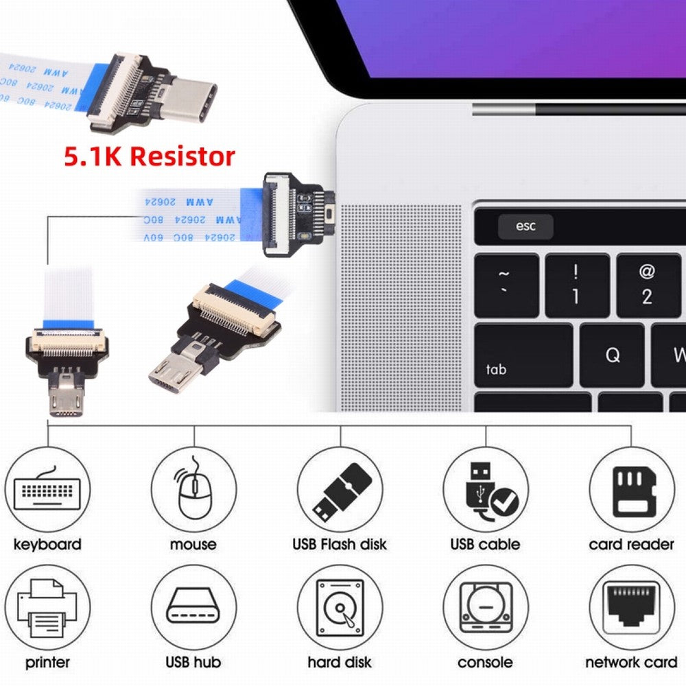 OTG USB-C Type-C Male Host to 5Pin Micro USB 2.0 Male Target Data Flat Slim FPC Cable 13cm for FPV Disk Phone Laptop UC-019-MM