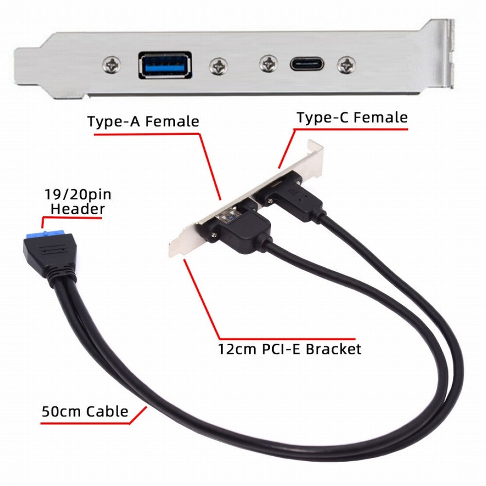 USB3.0 Motherboard 19/20Pin to USB-C Type-C & USB 3.0 Dual Ports Female PCI-E Back Panel 5Gbps Cable UC-020-AC