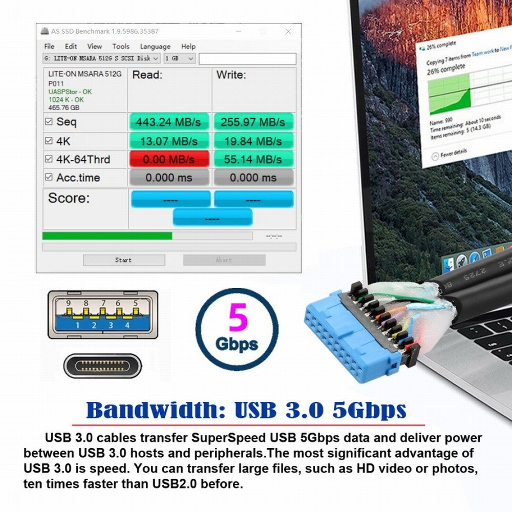 USB3.0 Motherboard 19/20Pin to USB-C Type-C & USB 3.0 Dual Ports Female PCI-E Back Panel 5Gbps Cable UC-020-AC