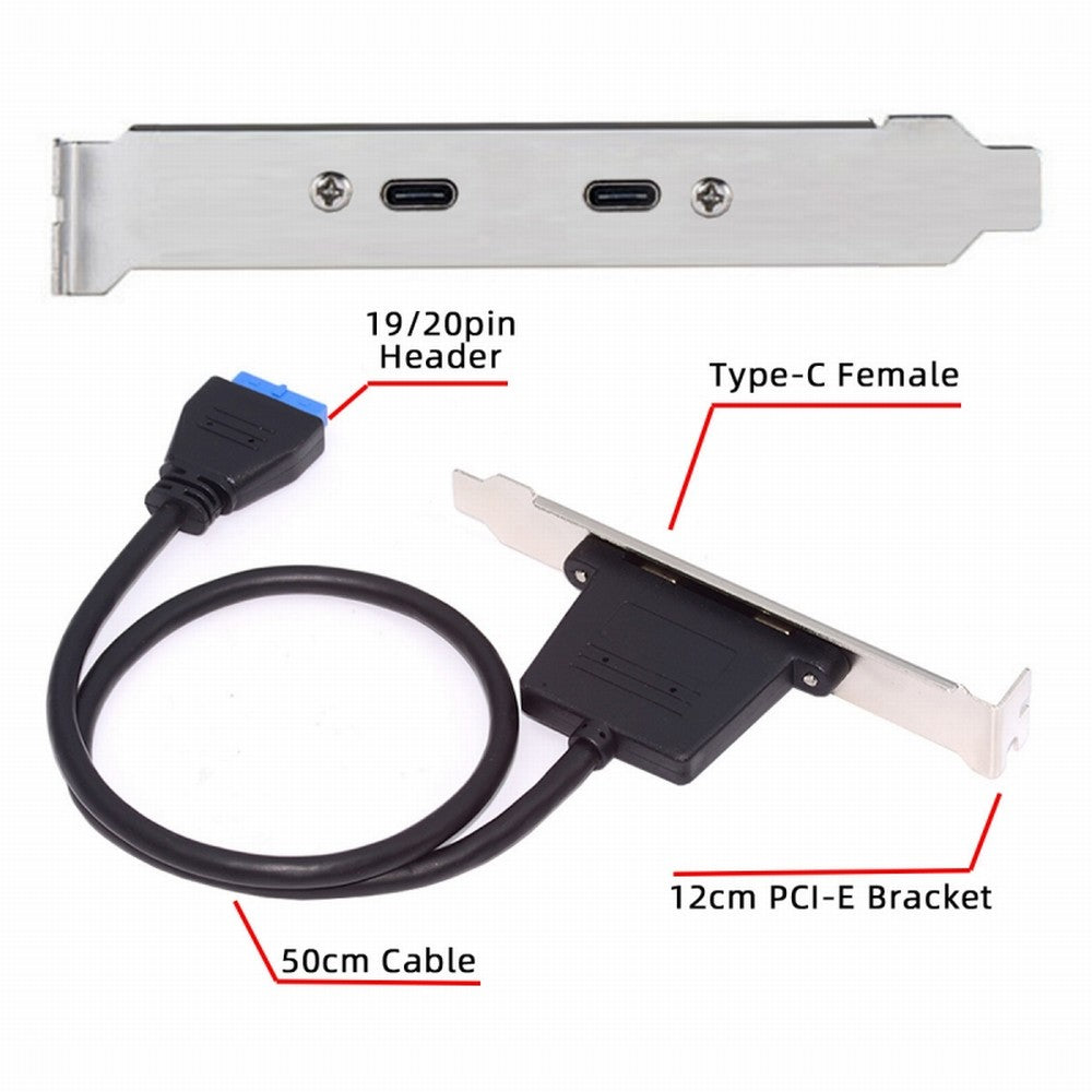USB3.0 Motherboard 19/20Pin to USB-C Type-C Dual Ports Female PCI-E Back Panel 5Gbps Cable UC-020-CC