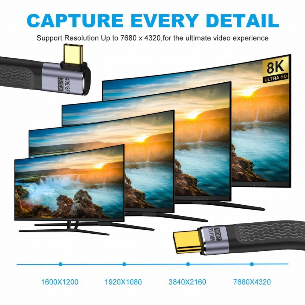 Right Angled 240W Type-C USB-C Male to Male USB4 40Gbps 100W 8K Flat Slim FPC Data Cable for Laptop Phone 13cm UC-002-0.13R