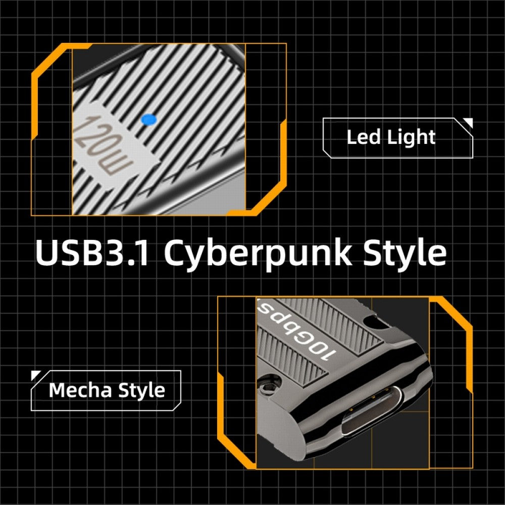 USB-C USB 3.1 Type C Female to USB 3.0 Type-A Male 90 Degree Right Angled Flat Type 10Gbps Data 120W Power Adapter Mecha Cyberpunk Style UC-029-TC001