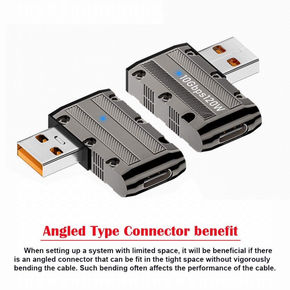 USB-C USB 3.1 Type C Female to USB 3.0 Type-A Male 90 Degree Left Angled Flat Type 10Gbps Data 120W Power Adapter Mecha Cyberpunk Style UC-029-TC002