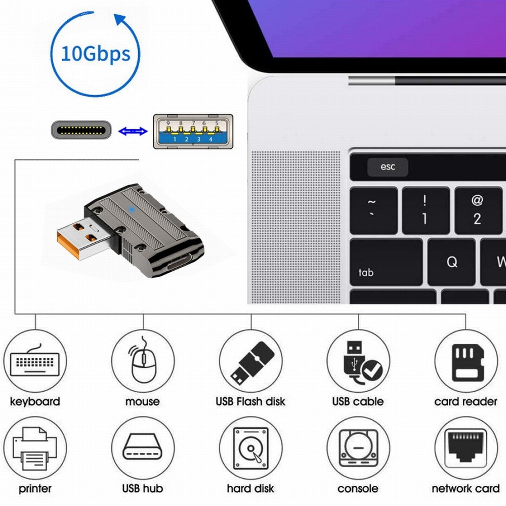 USB-C USB 3.1 Type C Female to USB 3.0 Type-A Male 90 Degree Left Angled Flat Type 10Gbps Data 120W Power Adapter Mecha Cyberpunk Style UC-029-TC002