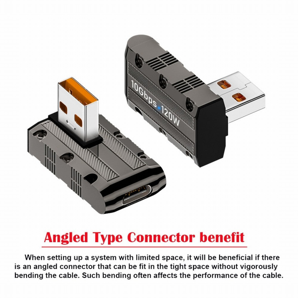 USB-C USB 3.1 Type C Female to USB 3.0 Type-A Male 90 Degree Right Angled Low Profile Type 10Gbps Data 120W Power Adapter Mecha Cyberpunk Style UC-029-TC005