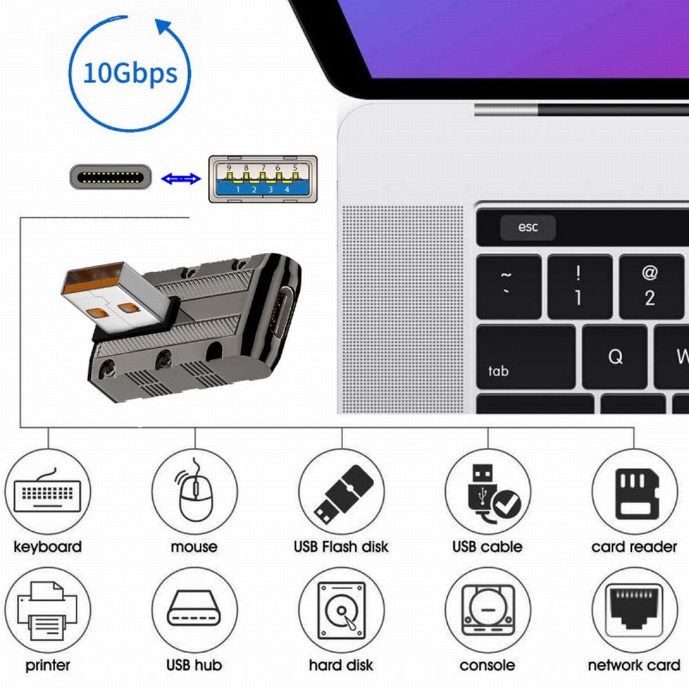 USB-C USB 3.1 Type C Female to USB 3.0 Type-A Male 90 Degree Left Angled Low Profile Type 10Gbps Data 120W Power Adapter Mecha Cyberpunk Style UC-029-TC006