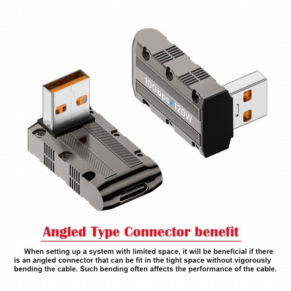 USB-C USB 3.1 Type C Female to USB 3.0 Type-A Male 90 Degree Down Angled Low Profile Type 10Gbps Data 120W Power Adapter Mecha Cyberpunk Style UC-029-TC007