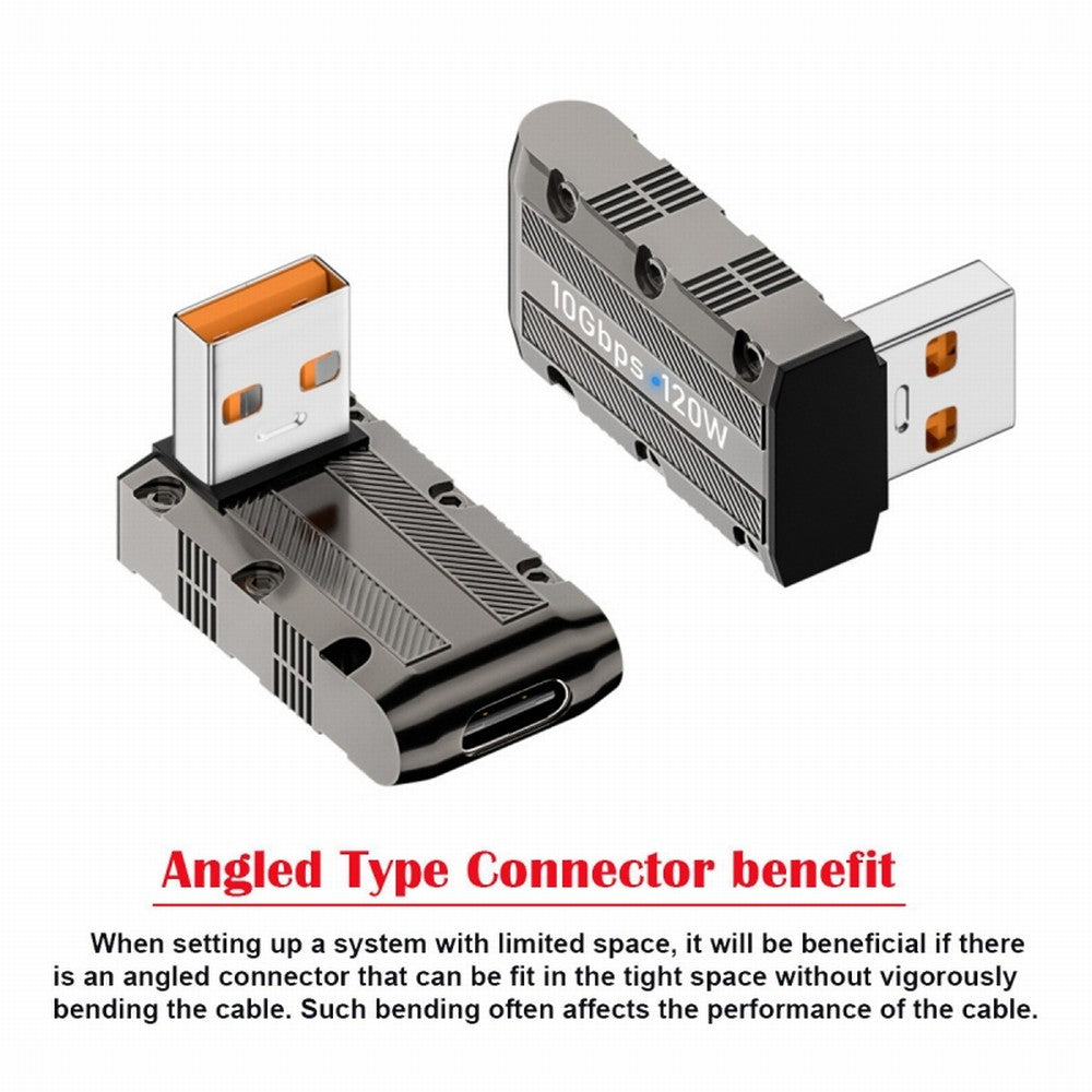 USB-C USB 3.1 Type C Female to USB 3.0 Type-A Male 90 Degree Up Angled Low Profile Type 10Gbps Data 120W Power Adapter Mecha Cyberpunk Style UC-029-TC008