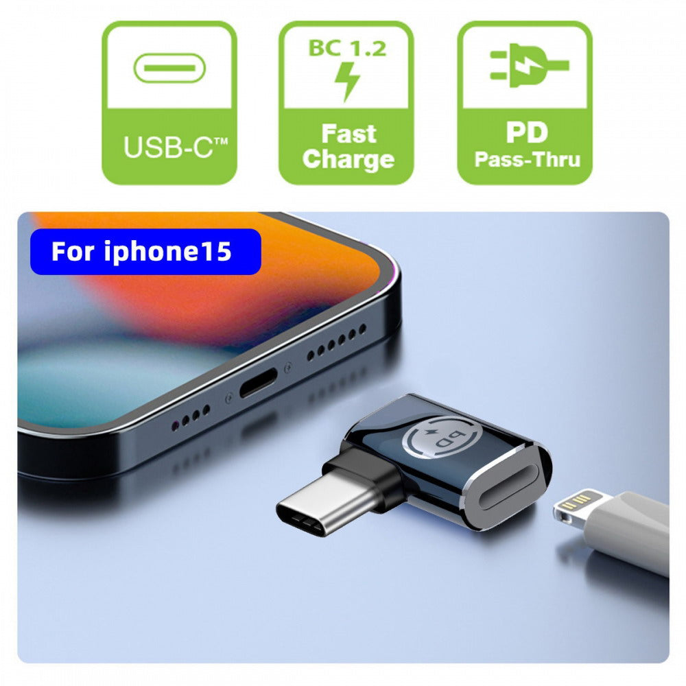 USB-C Type C Male to 8P Female 27W Power 480Mbps Data Adapter Left Right Angled Compatible with iPhone 15 & Android & Tablet U2-058-LT017