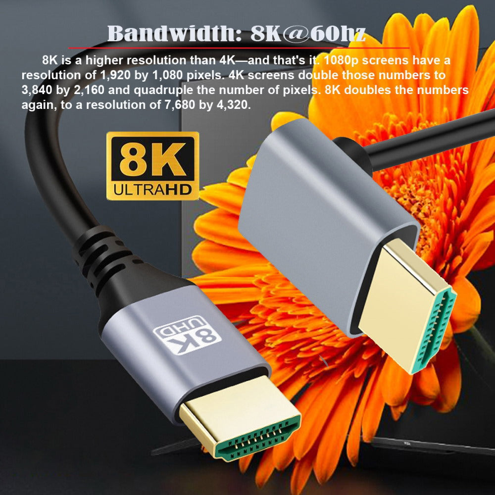 HDMI 2.1 Ultra Thin HDTV Cable 8K 4K Hyper Super Flexible Slim Cord Down Angled 90 Degree Type-A Male to Male for Computer HDTV CC-HD-028-DN