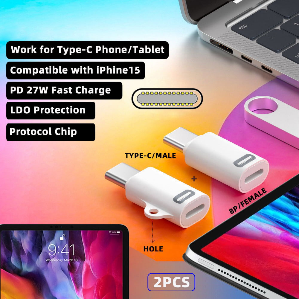 2pcs/set USB-C Type C Male to 8P Female 27W Power 480Mbps Data Adapter Compatible with iPhone 15 & Android & Tablet U2-058-LT020