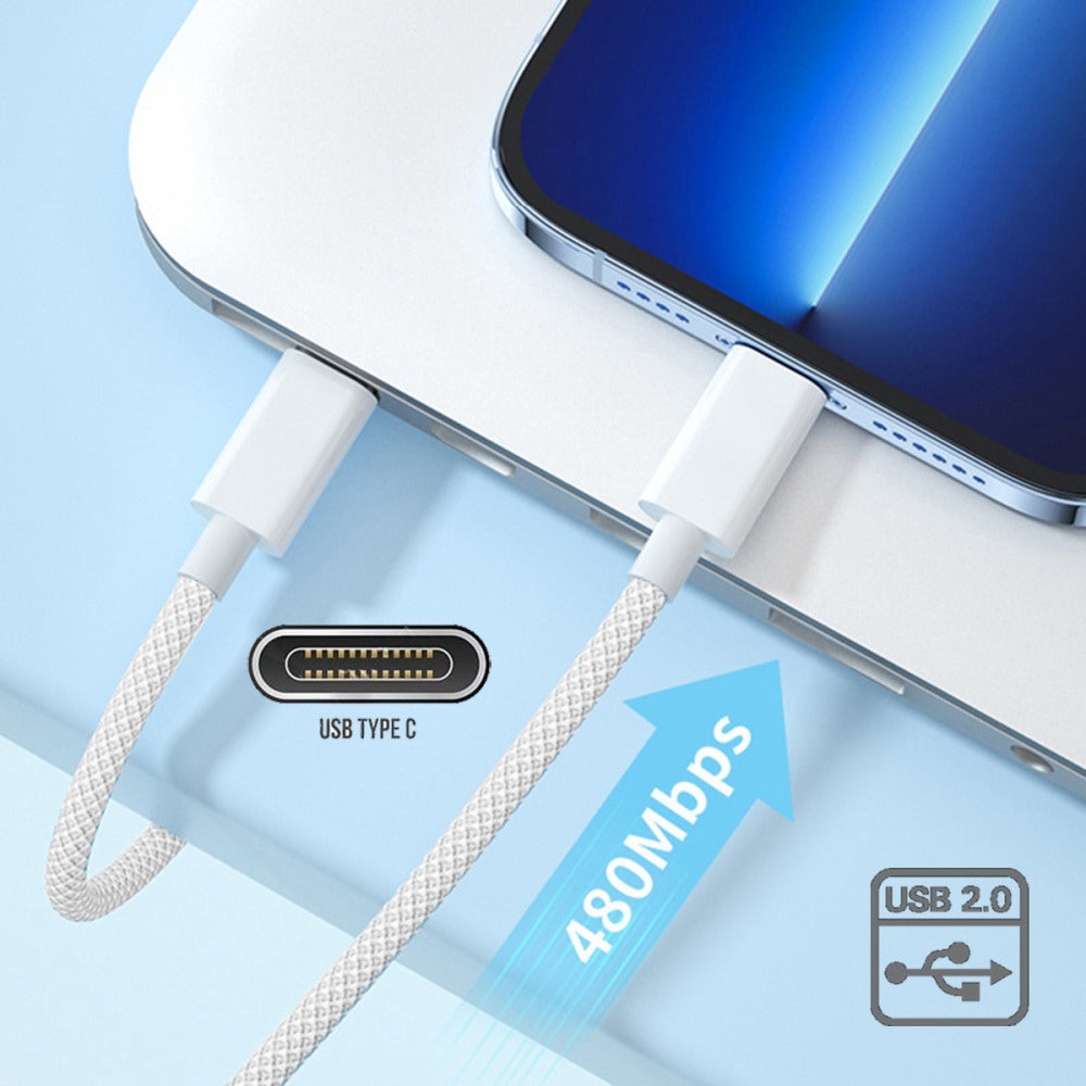 USB-C Type C Male to Male PD 27W 65W Power 480Mbps Data Cable White Sleeve for Phone & Tablet & Laptop UC-072-SL