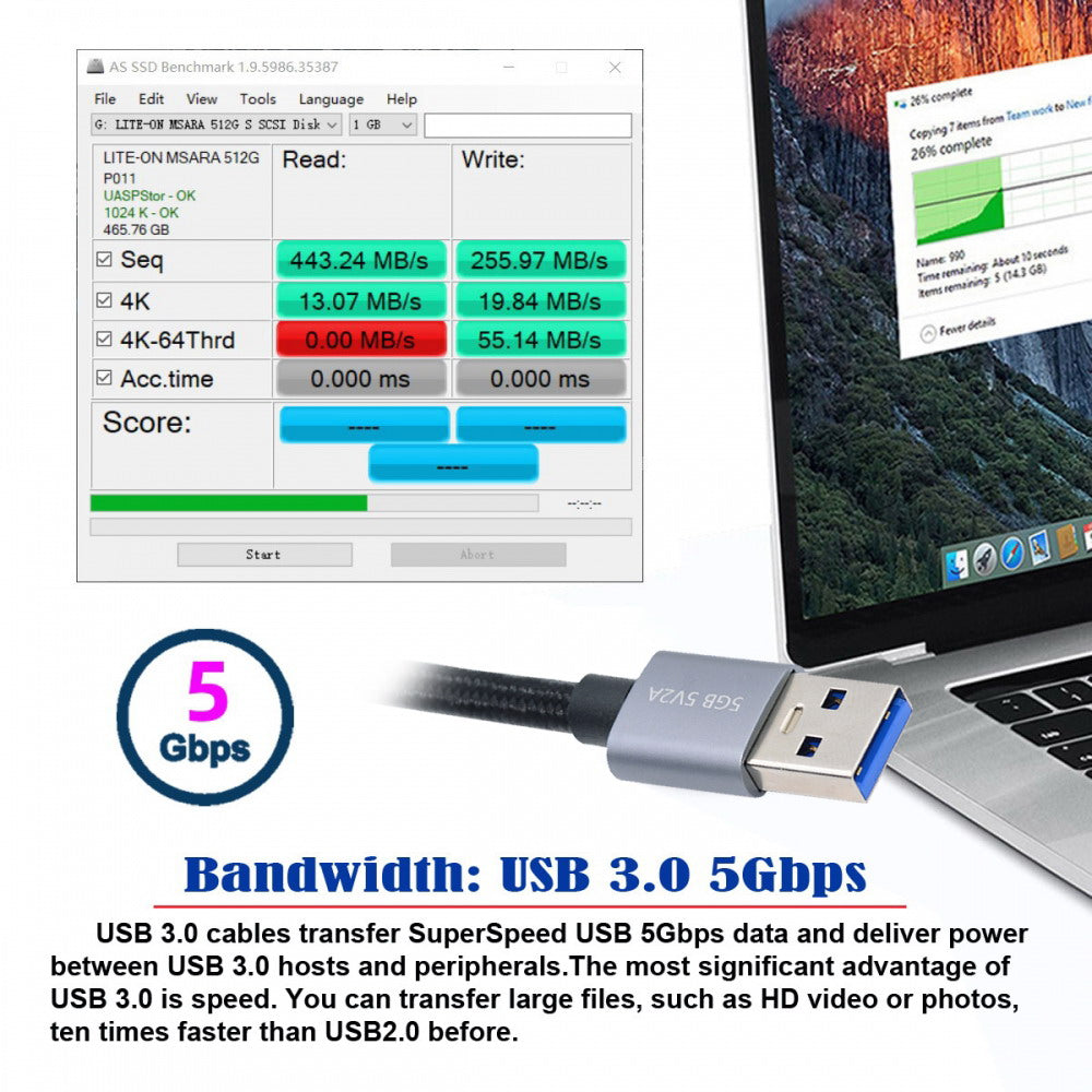 USB 3.0 Type-A Male to USB3.0 A Male Cable Silver 5Gbps for Disk SSD Camera Data 30cm U3-075-AM