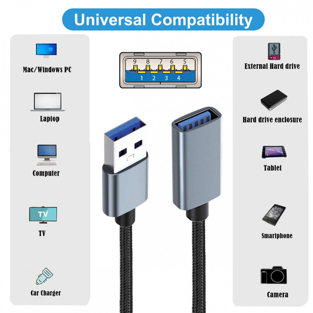 USB 3.0 Type-A Male to USB3.0 A Female Cable Extension Silver 5Gbps for Disk SSD Camera Data 30cm U3-075-AF