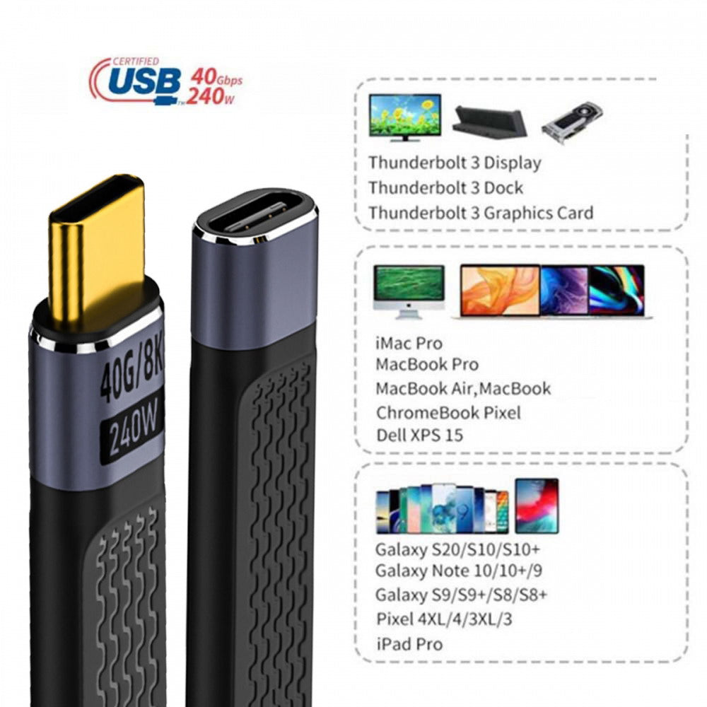 USB4 Extension Cable 13cm Slim Flat Male to Female 40Gbps with 240W Power and 8K@60Hz Video UC-040-0.13W