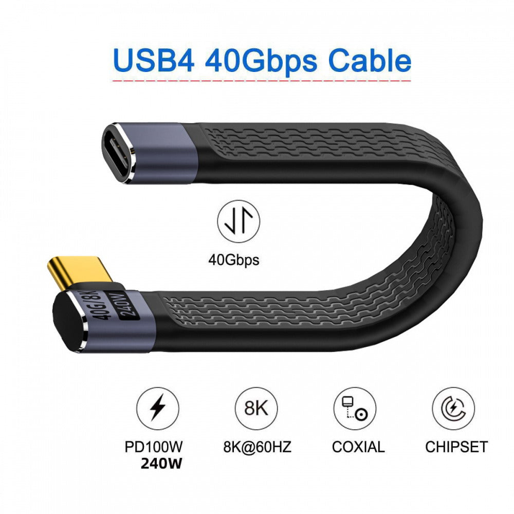 Right Angled USB4 Extension Cable 13cm Slim Flat Male to Female 40Gbps with 240W Power and 8K@60Hz Video UC-040-0.13R