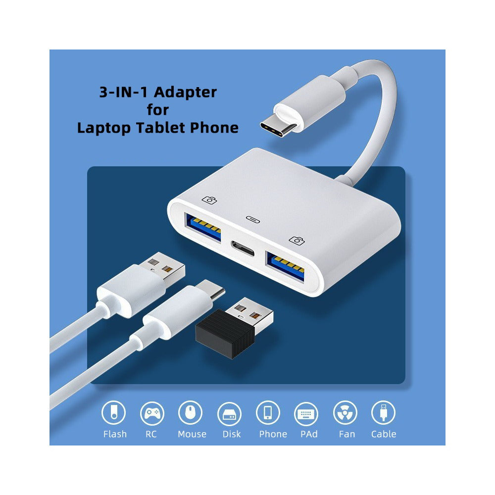 Type C USB-C to Dual Type-A USB3.0 Female with PD Power Charge Adapter Compatible with Laptop Tablet Phone UC-155-TC003