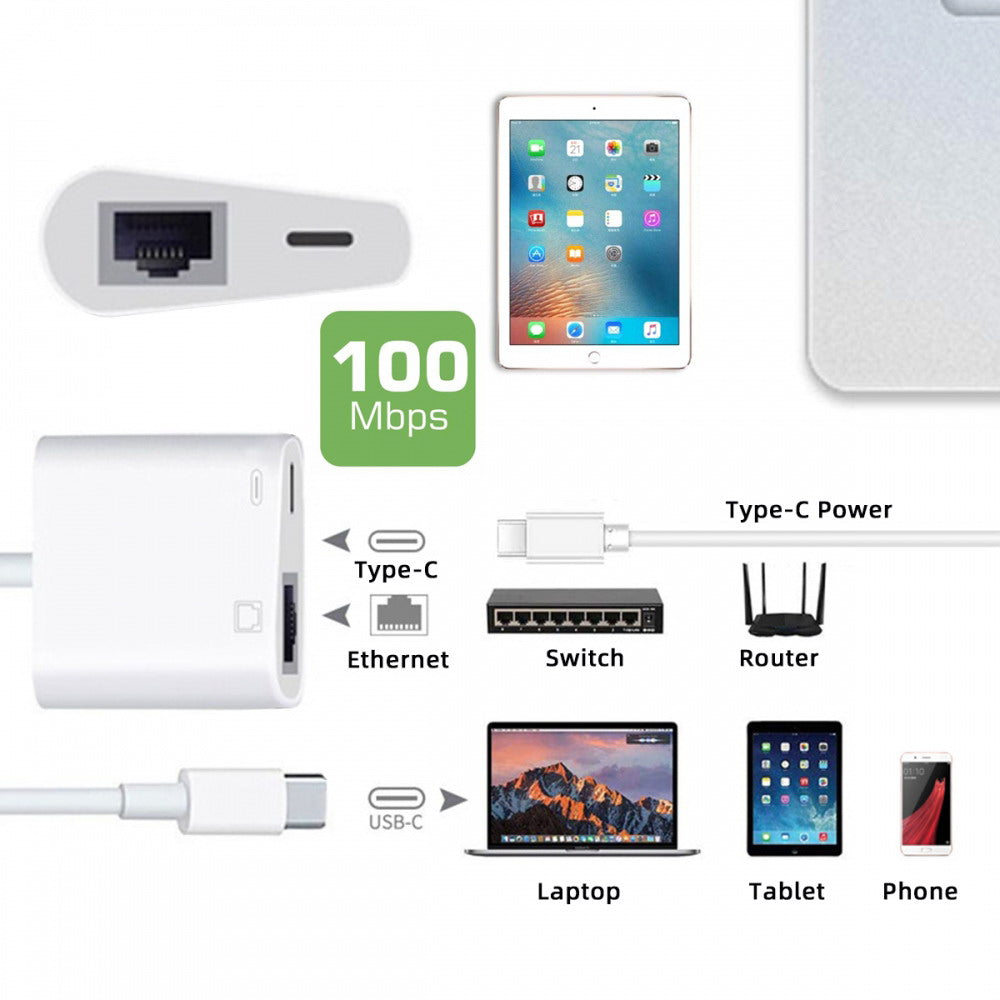 Type C USB-C to 100Mbps Networking RJ45 with PD Power Charge Adapter Compatible with Laptop Tablet Phone UC-155-TC006