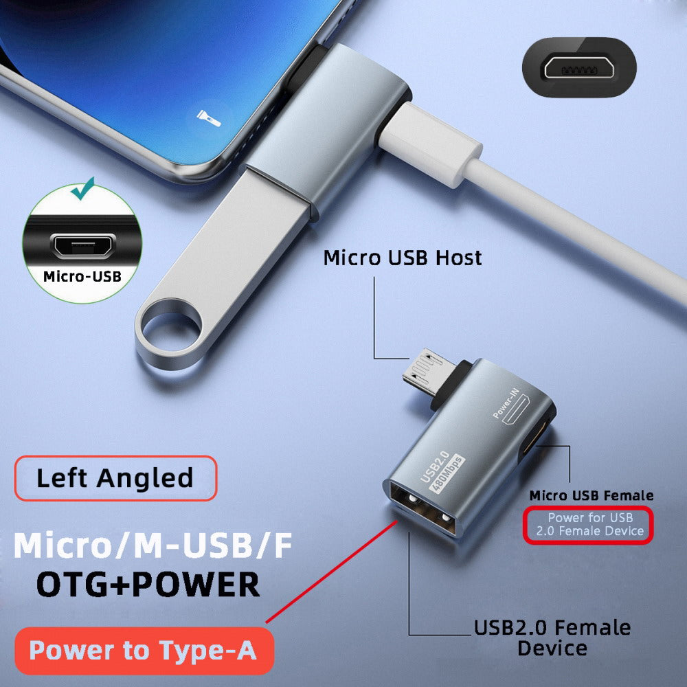Micro USB 2.0 to Type-A Female OTG Host Adapter 90 Degree Left Angled with USB Power for Phone Tablet U2-009-LE