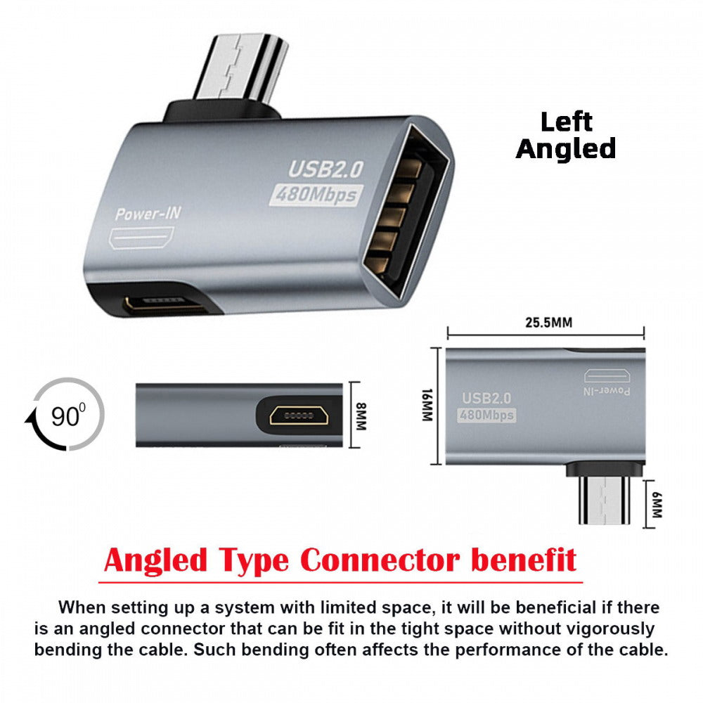 Micro USB 2.0 to Type-A Female OTG Host Adapter 90 Degree Left Angled with USB Power for Phone Tablet U2-009-LE