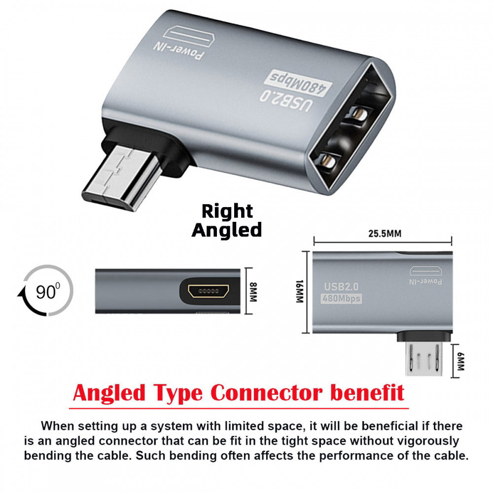 Micro USB 2.0 to Type-A Female OTG Host Adapter 90 Degree Right Angled with USB Power for Phone Tablet U2-009-RI