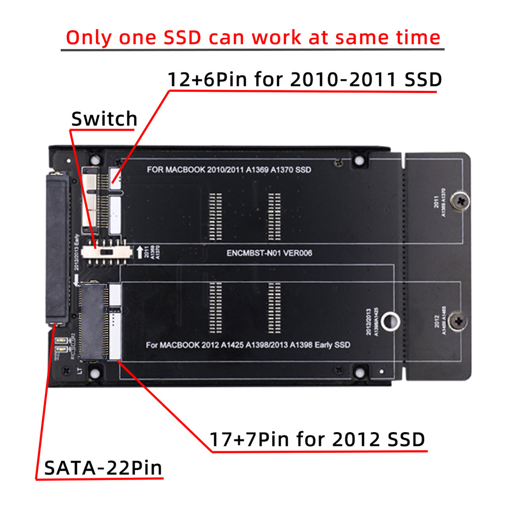 2.5inch SATA 22Pin to 2010 2011 2012 Mac Air Pro Retina SSD 12+6Pin 17+7Pin A1425 A1398 MC975 MC976 Case Enclosure SA-072