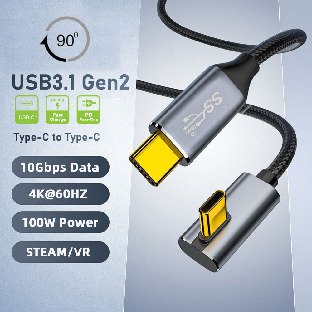 90 Degree Low Profile Angled Type-C USB-C Male to Male USB3.1 10Gbps 100W Data Cable for Laptop Phone UC-064-LP