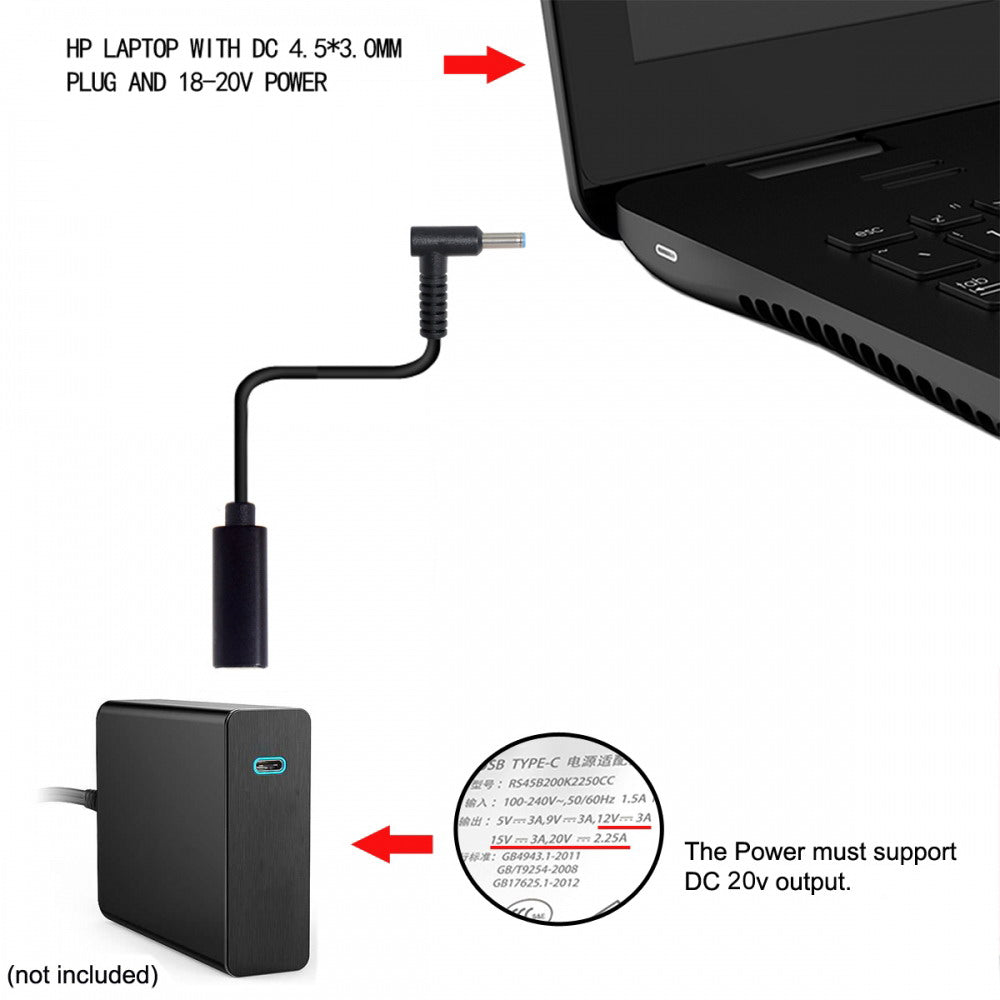 Type C USB-C Female Input to DC 4.5*3.0mm Power PD Charge Cable fit for HP Laptop 18-20V UC-109-4530HP