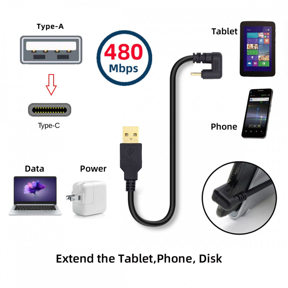 USB2.0 Type-A to Type C USB-C Male to Male Power Data Cable 480Mbps USB-C Opposite U Shape Back Angled UC-023-OS