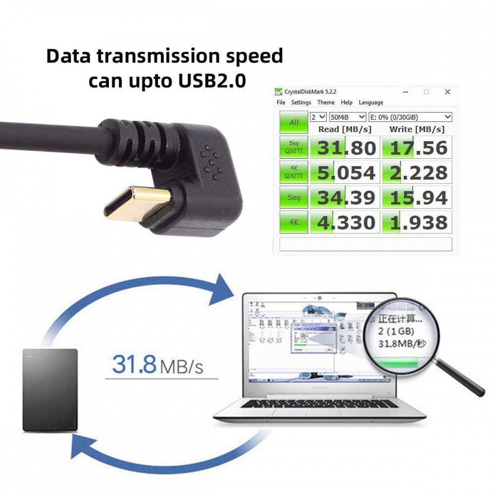 USB2.0 Type-A to Type C USB-C Male to Male Power Data Cable 480Mbps USB-C Opposite U Shape Back Angled UC-023-OS