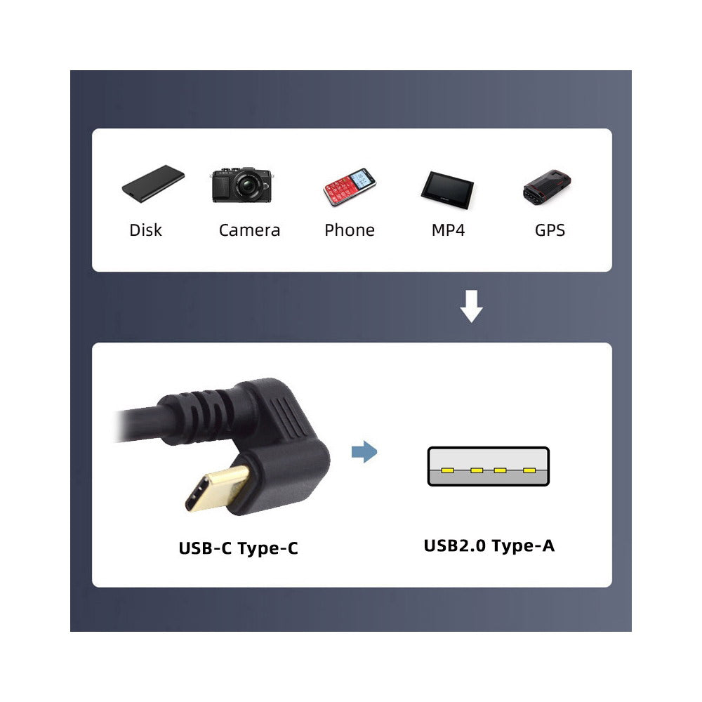 USB2.0 Type-A to Type C USB-C Male to Male Power Data Cable 480Mbps USB-C Opposite U Shape Back Angled UC-023-OS