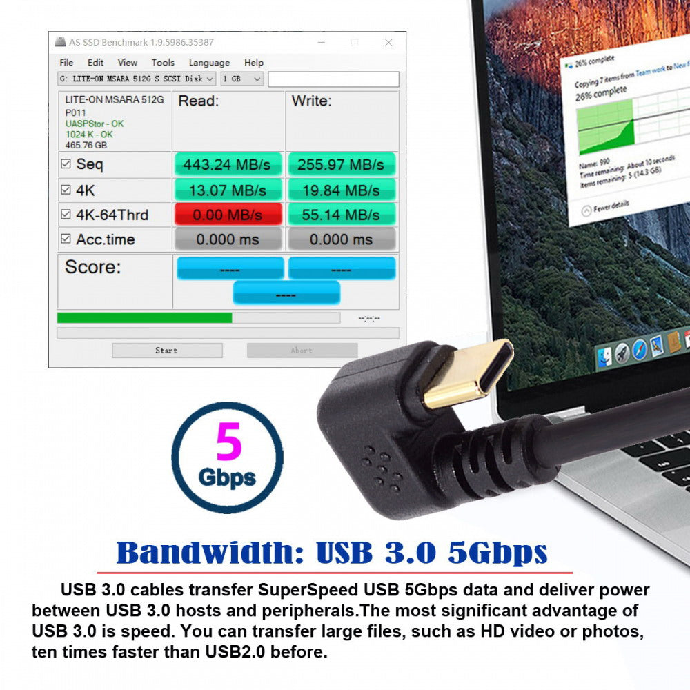 Down Angled USB3.0 Type-A to Type C USB-C Male to Male Power Data Cable 5Gbps USB-C Opposite U Shape Back Angled UC-101-DN