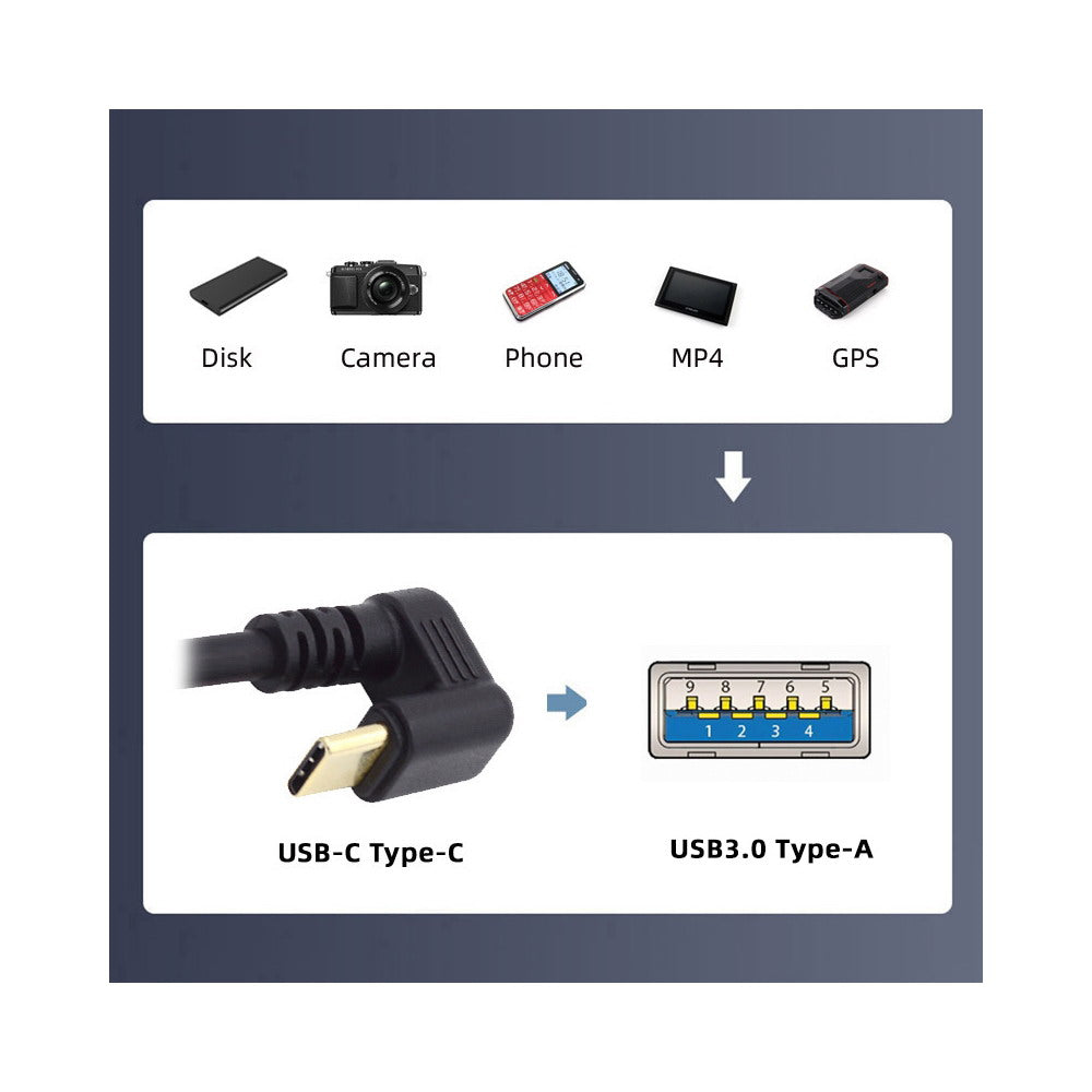 Down Angled USB3.0 Type-A to Type C USB-C Male to Male Power Data Cable 5Gbps USB-C Opposite U Shape Back Angled UC-101-DN