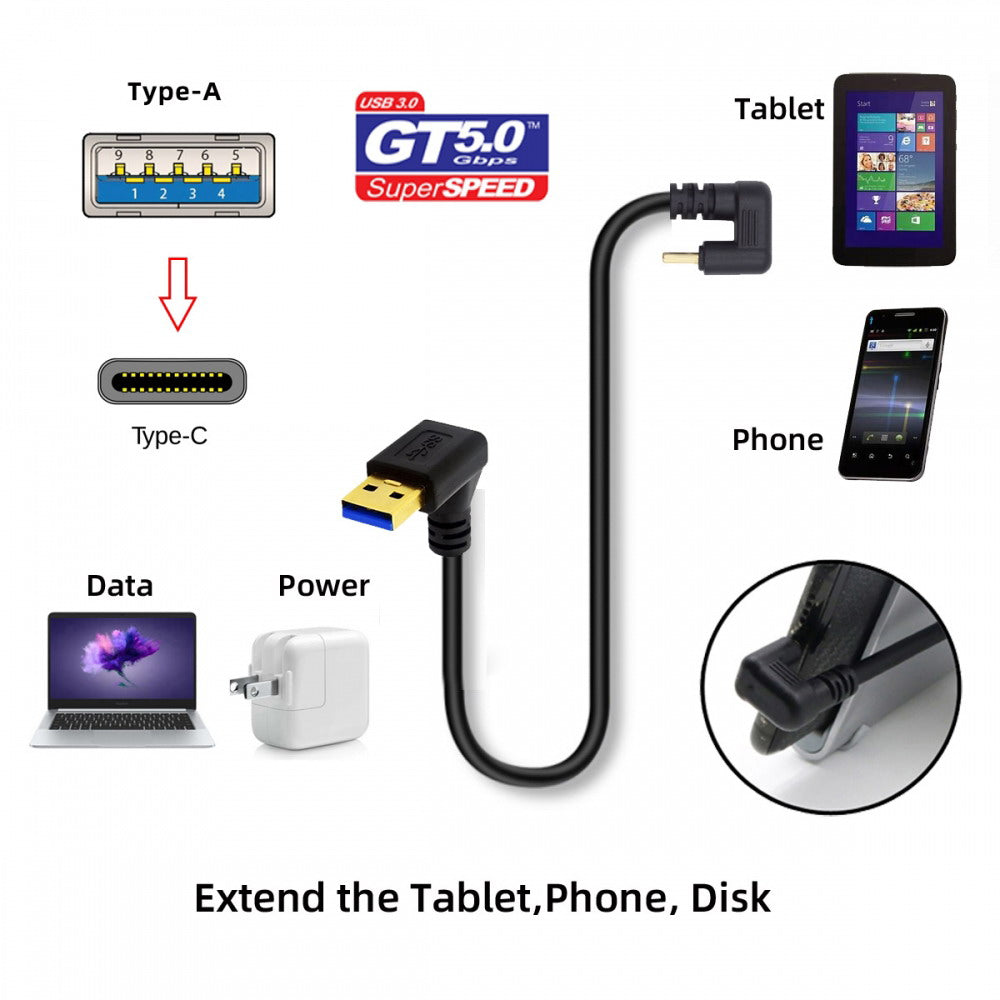 Down Angled USB3.0 Type-A to Type C USB-C Male to Male Power Data Cable 5Gbps USB-C Opposite U Shape Back Angled UC-101-DN