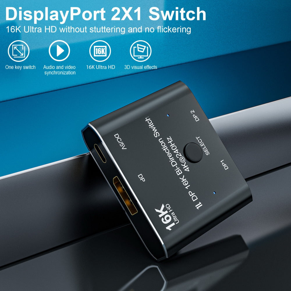 DP DisplayPort 2.0 Bi-Direction 2x1 Switch Splitter Selector Hub Support HDCP SST Extended 16K@60hz 4K@240hz Convertor DP-030-16K