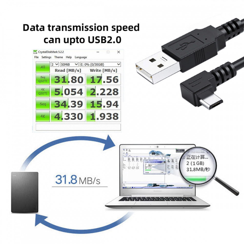 Right Angled 90 Degree Micro USB 5Pin to USB 2.0 Data Charge Cable for Phone Tablet U2-089-RI