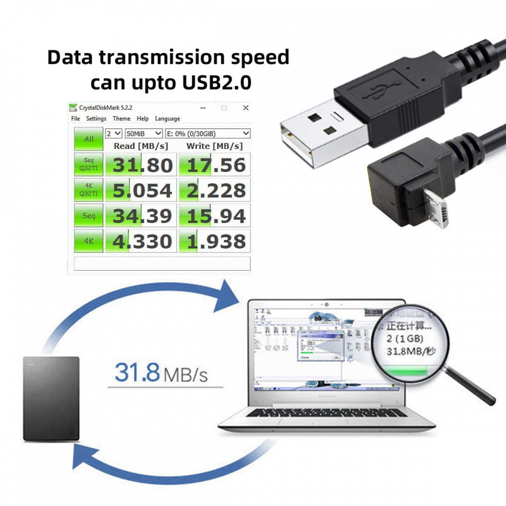 Down Angled 90 Degree Micro USB to USB Data Charge Cable for i9500 9300 N7100 U2-089-DN