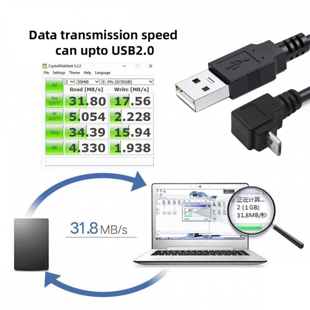 Up Angled 90 Degree Micro USB Male to USB Data Charge Cable for i9500 9300 N7100 U2-089-UP