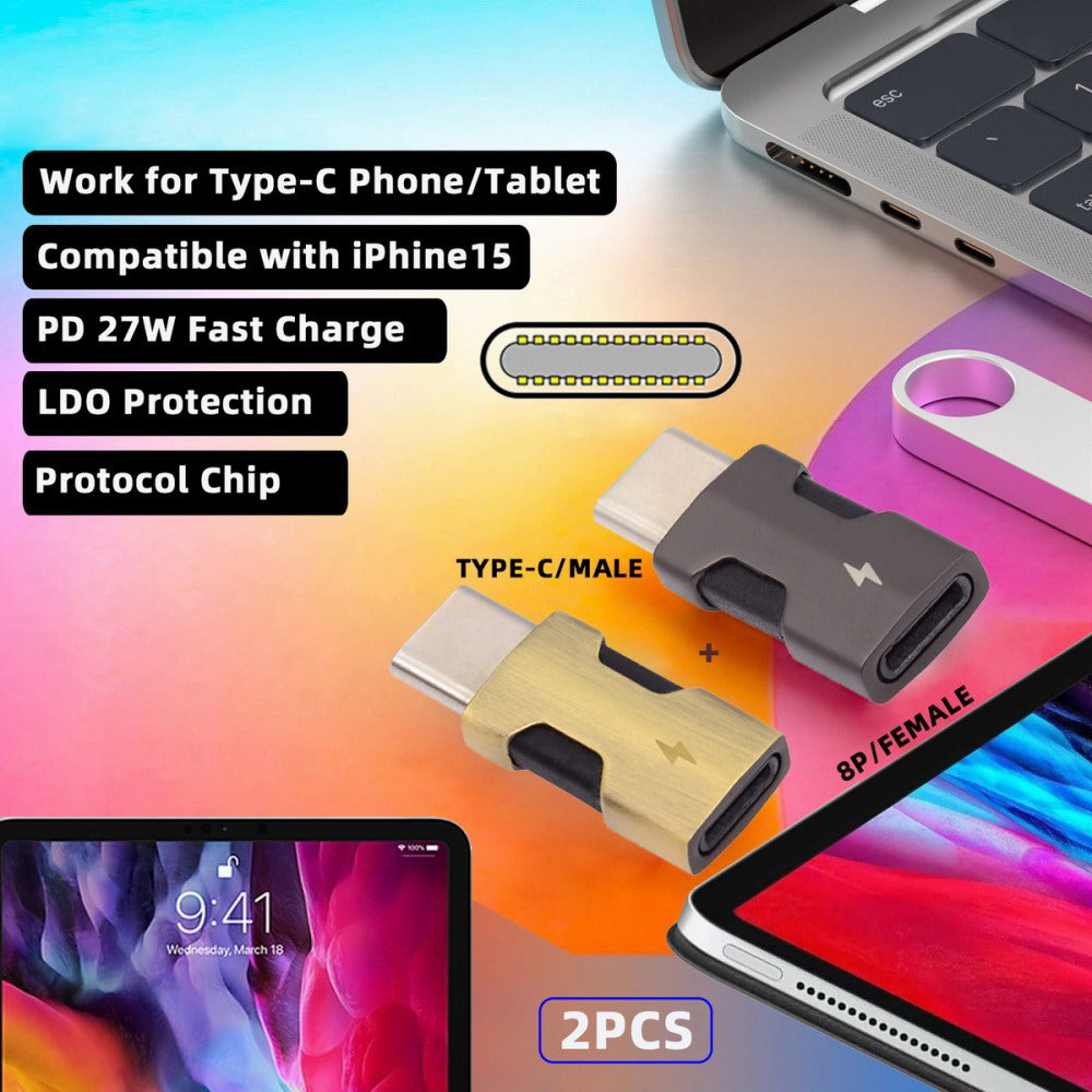 2pcs/set USB-C Type C Male to 8P Female Power 480Mbps Data Adapter Compatible with iPhone 15 & Android & Tablet U2-058-LT021