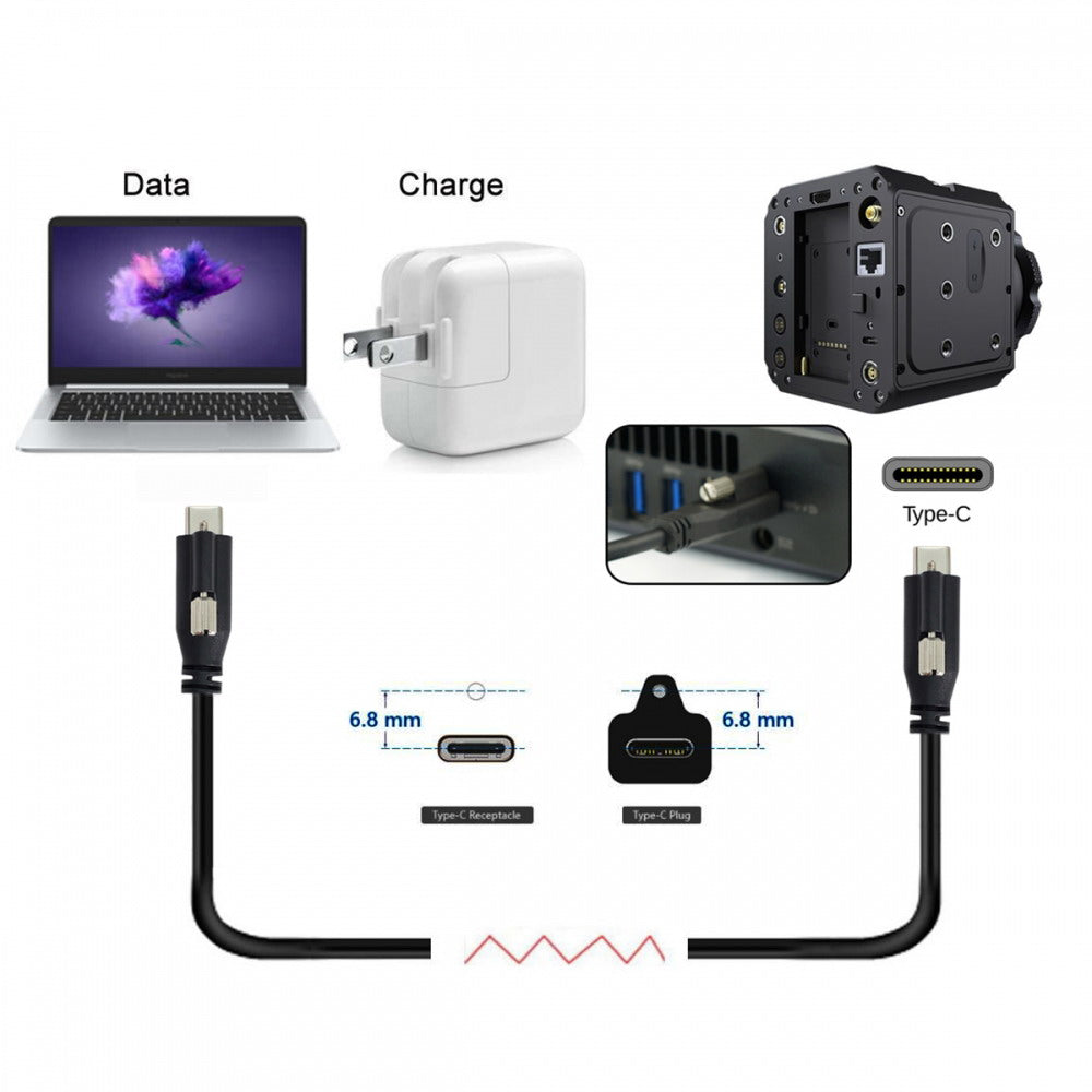 USB 3.1 Type-C Locking to Locking USB-C Data Power Cable for Camera With Single Panel Mount Screw Connector UC-047-1.2M
