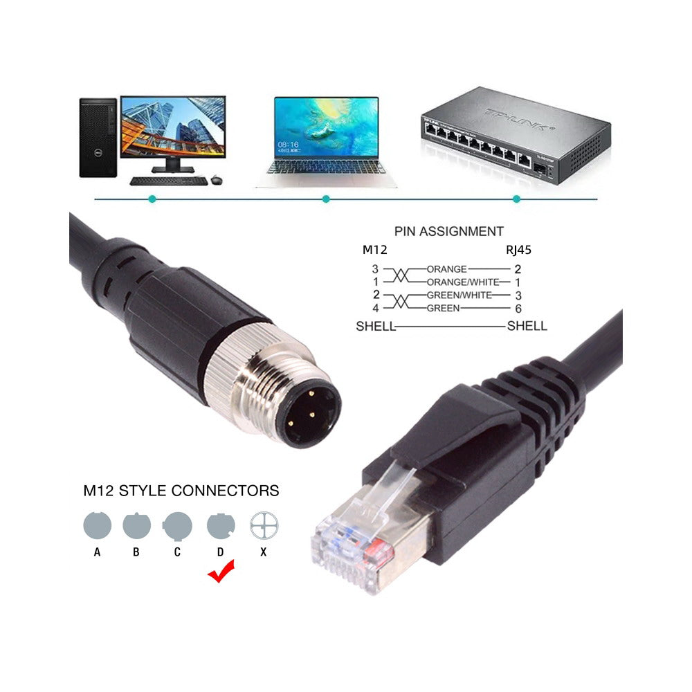 M12 Type-D D-coded 4Pin Male to RJ45 Cat5e Male Cable Lan Ethernet Network Industrial Applications IP67 Patch Cord UT-021