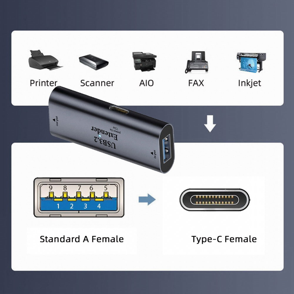 USB 3.0 Active Repeater Adapter Type-A Female Host to Type-C Female Device Extender with Chipset for Camera Printer Computer U3-010-AFCF