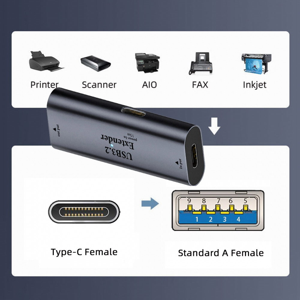 USB 3.0 Active Repeater Adapter Type-C Female Host to Type-A Female Device Extender with Chipset for Camera Printer Computer U3-010-CFAF