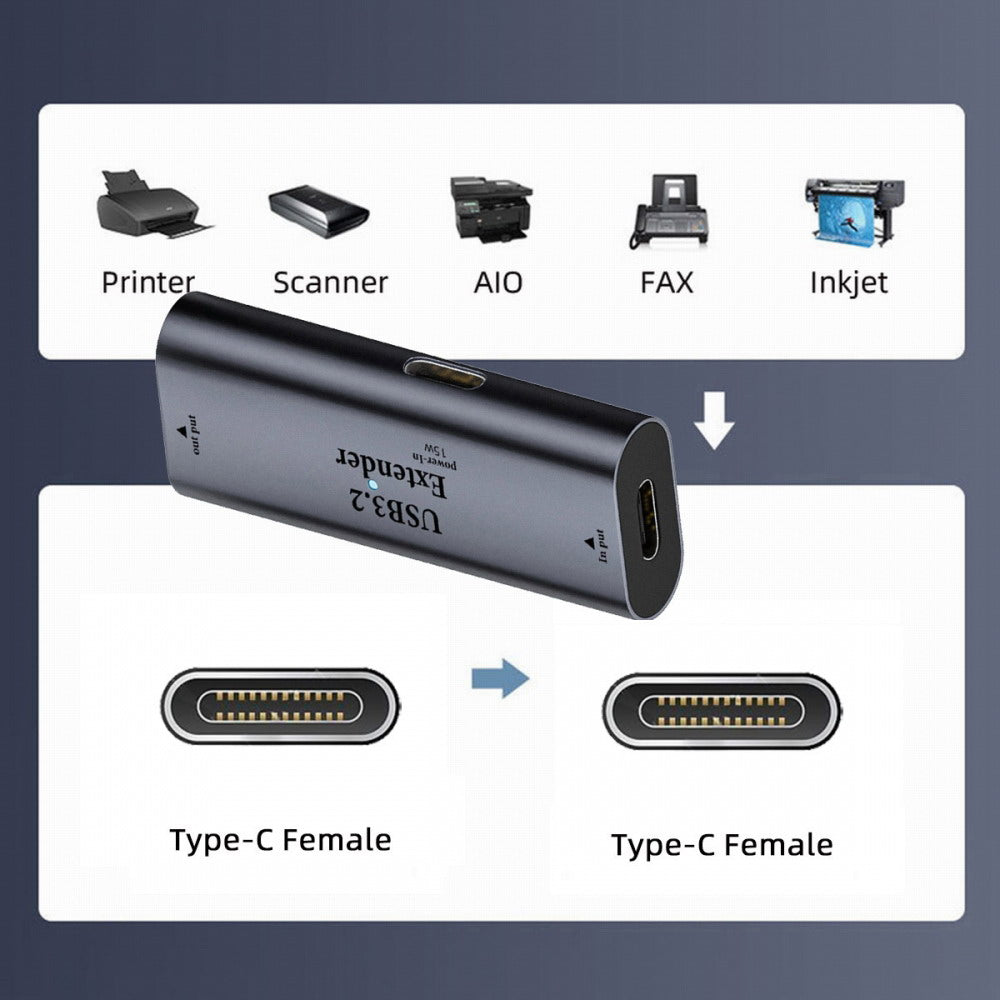 USB 3.0 Active Repeater Adapter Type-C Female to Type-C Female Extender with Chipset for Camera Printer Computer U3-010-CFCF